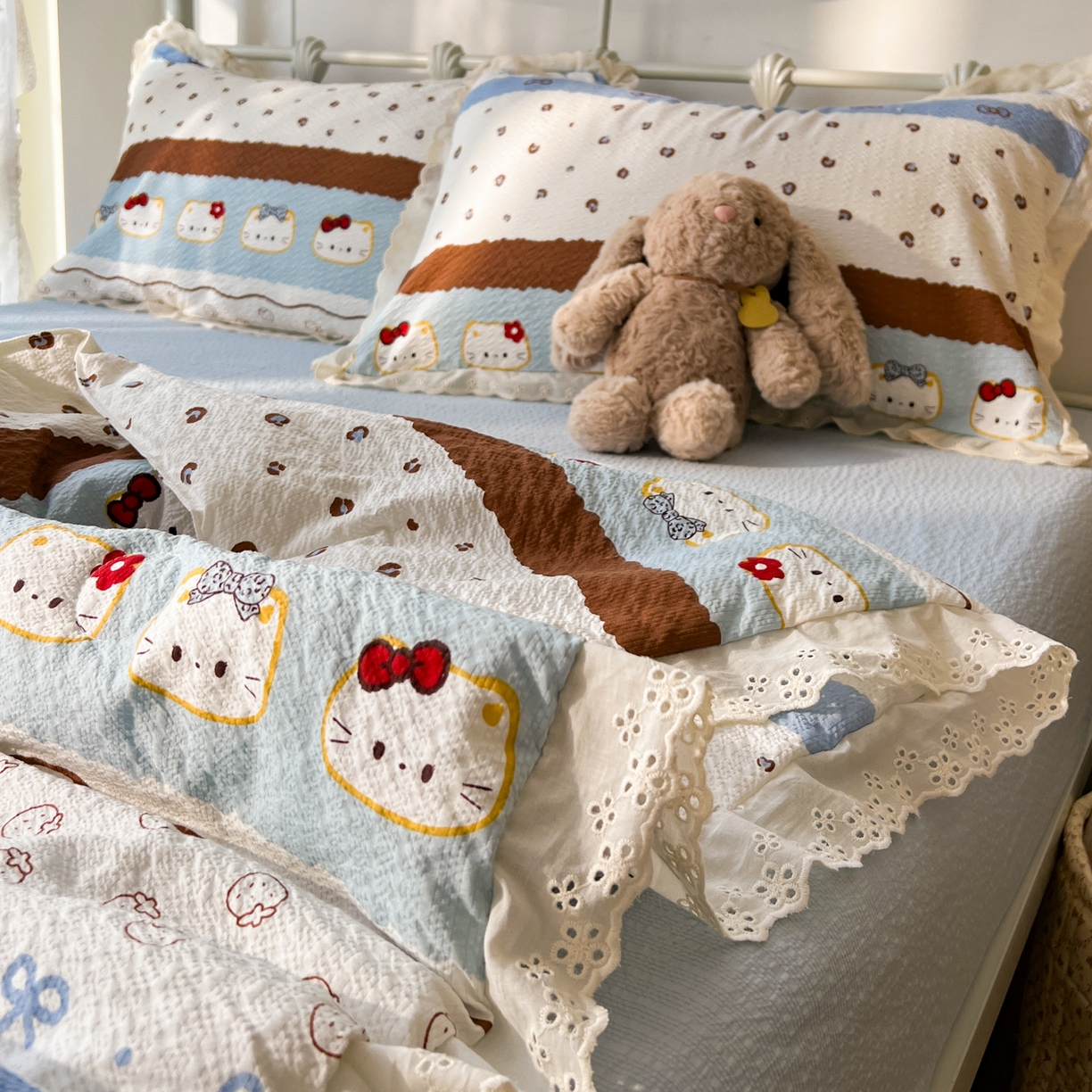 91家纺网 家纺一手货源 找家纺 十里居 2026新款A类全棉花边泡芙棉夏凉被 猫咪蓝