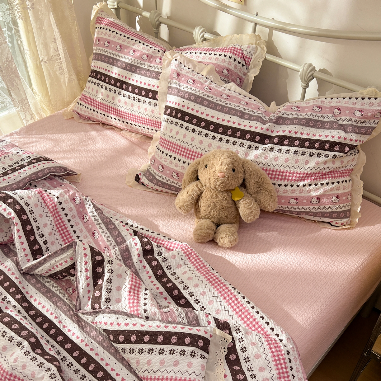 91家纺网 家纺一手货源 找家纺 十里居 2026新款A类全棉花边泡芙棉夏凉被 猫咪粉