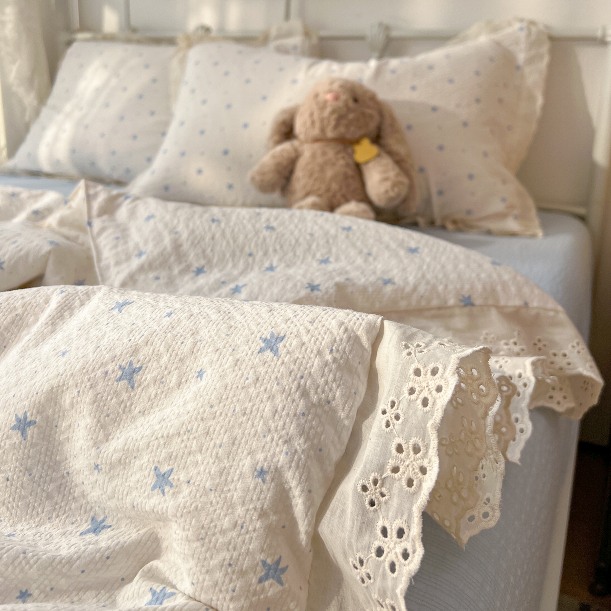 91家纺网 家纺一手货源 找家纺 十里居 2026新款A类全棉花边泡芙棉夏凉被 星星蓝