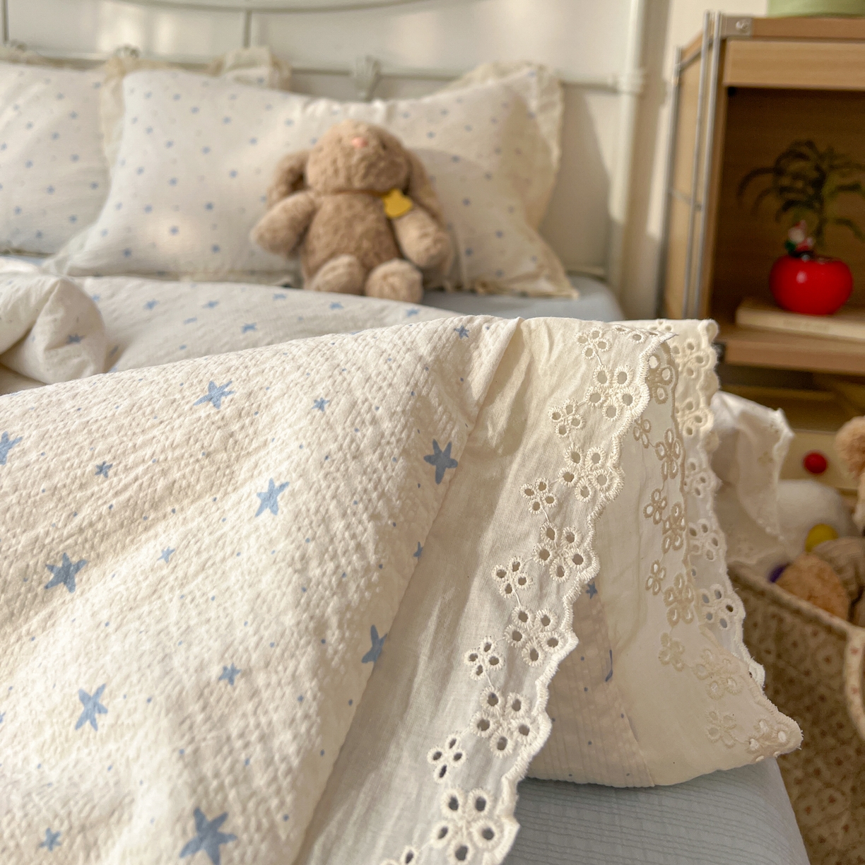 91家纺网 家纺一手货源 找家纺 十里居 2026新款A类全棉花边泡芙棉夏凉被 星星蓝