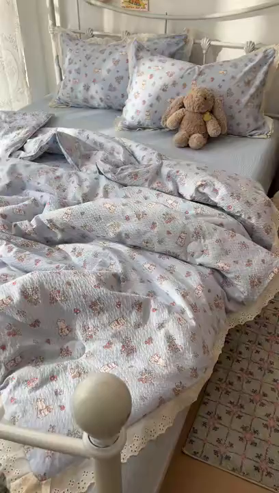 91家纺网 家纺一手货源 找家纺 十里居 2026新款A类全棉花边泡芙棉夏凉被 丛林小兔