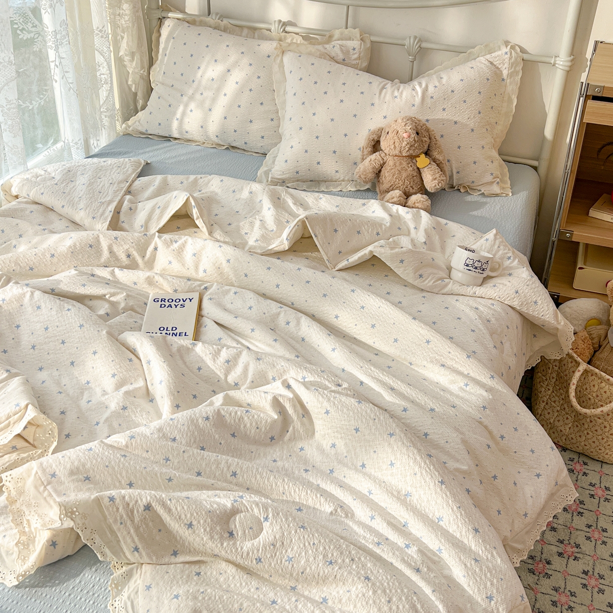 91家纺网 家纺一手货源 找家纺 十里居 2026新款A类全棉花边泡芙棉夏凉被 星星蓝