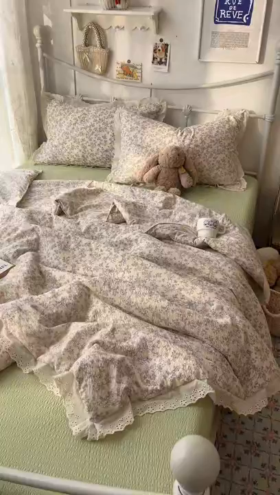91家纺网 家纺一手货源 找家纺 十里居 2026新款A类全棉花边泡芙棉夏凉被 清雅兰