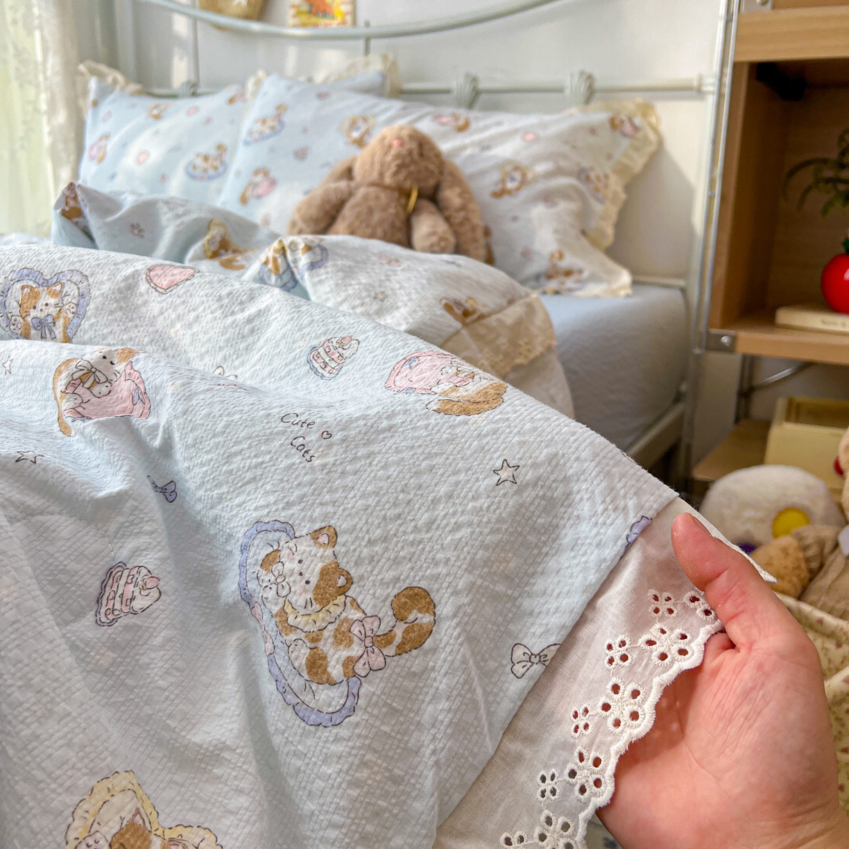 91家纺网 家纺一手货源 找家纺 十里居 2026新款A类全棉花边泡芙棉夏凉被 蛋糕猫