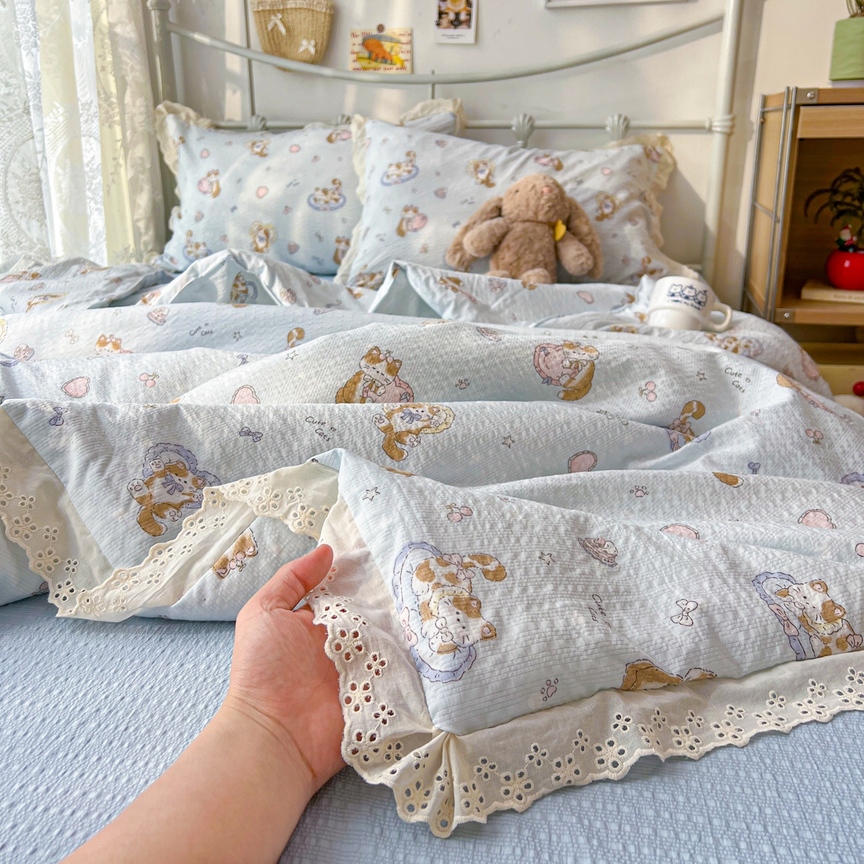 91家纺网 家纺一手货源 找家纺 十里居 2026新款A类全棉花边泡芙棉夏凉被 蛋糕猫