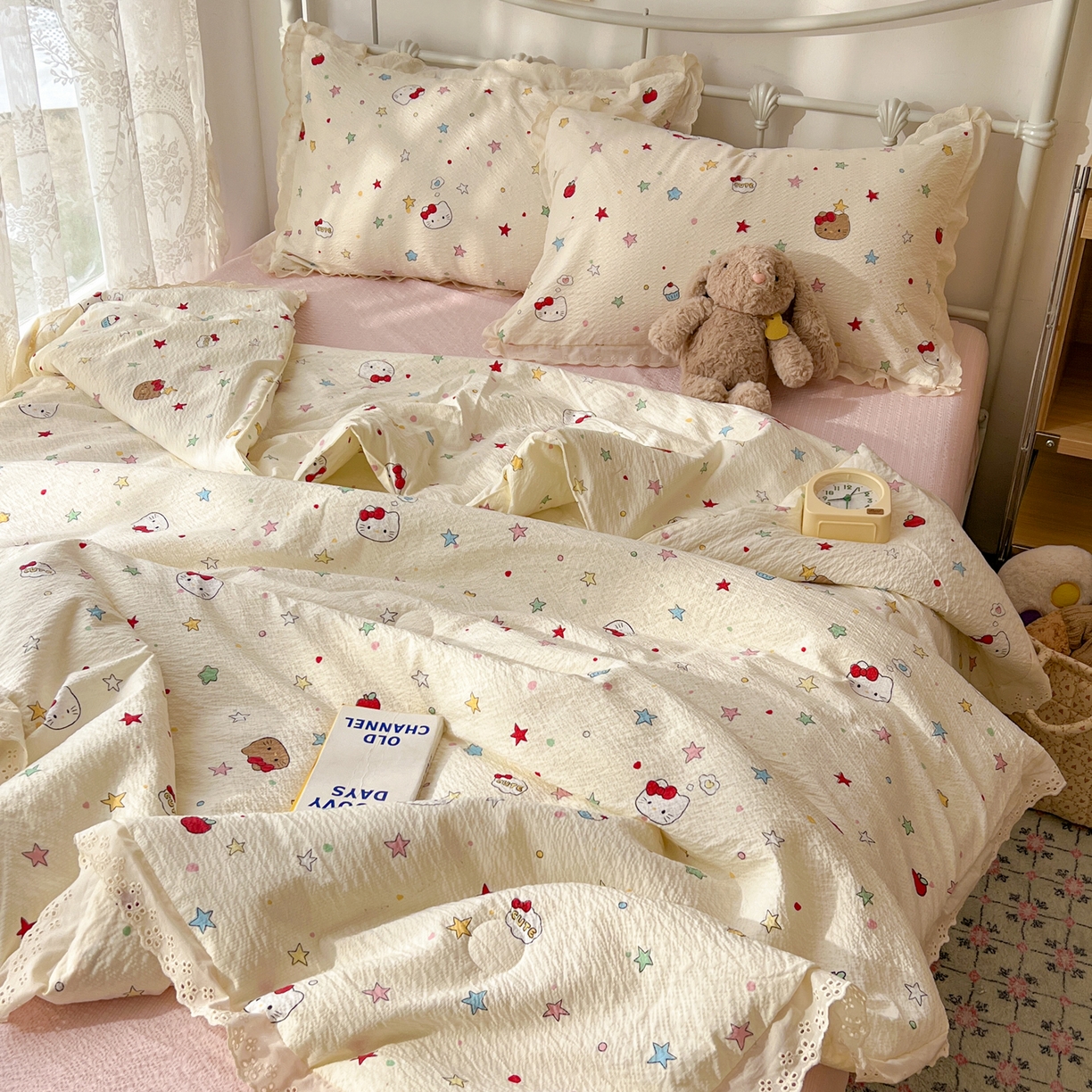 91家纺网 家纺一手货源 找家纺 十里居 2026新款A类全棉花边泡芙棉夏凉被 奶油小猫