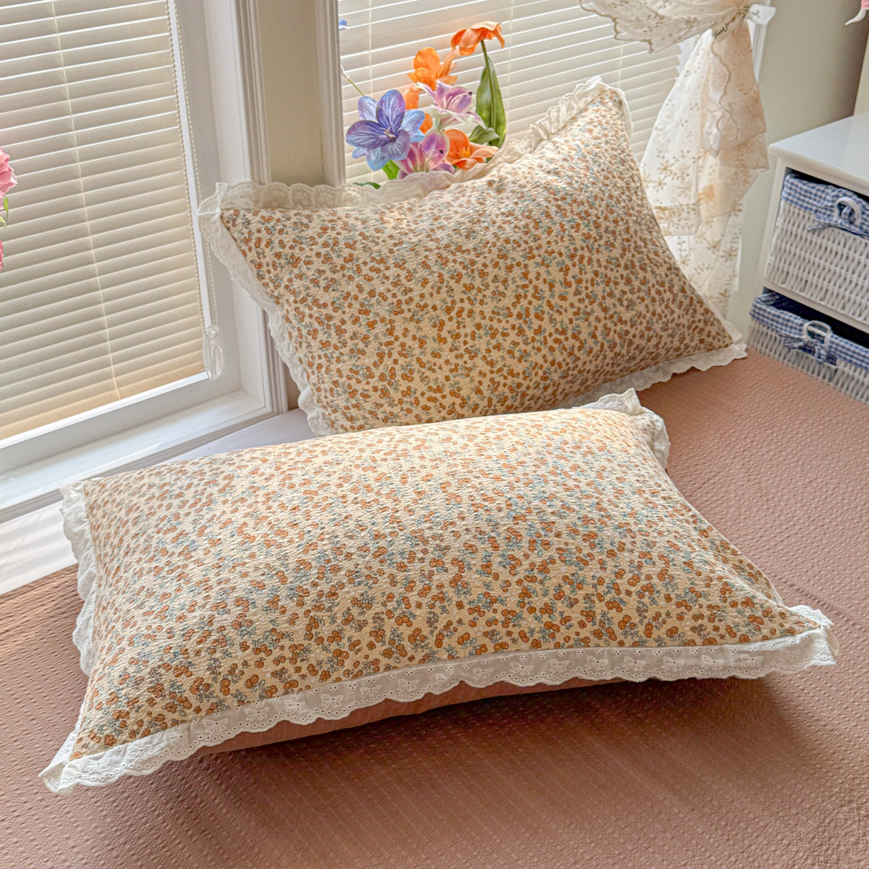 91家纺网 家纺一手货源 找家纺 玉海棠家纺 2026新款泡芙纱全棉纯棉蕾丝花边夏被-花笺系列（软乎乎的质感，治愈所有疲惫） 花笺-暖橘枝