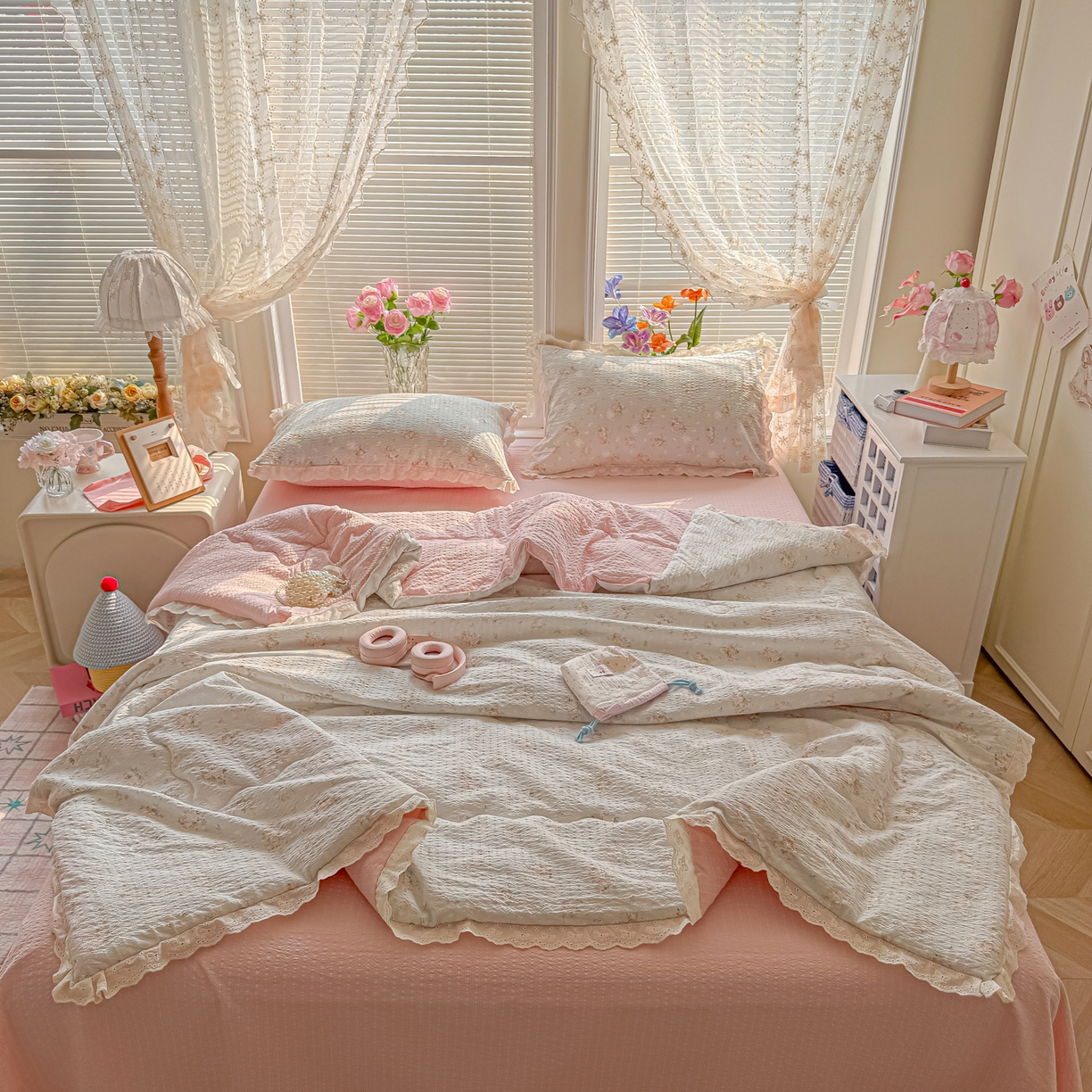 玉海棠家纺 2026新款泡芙纱全棉纯棉蕾丝花边夏被-花笺系列（软乎乎的质感，治愈所有疲惫） 花笺-柔诗意