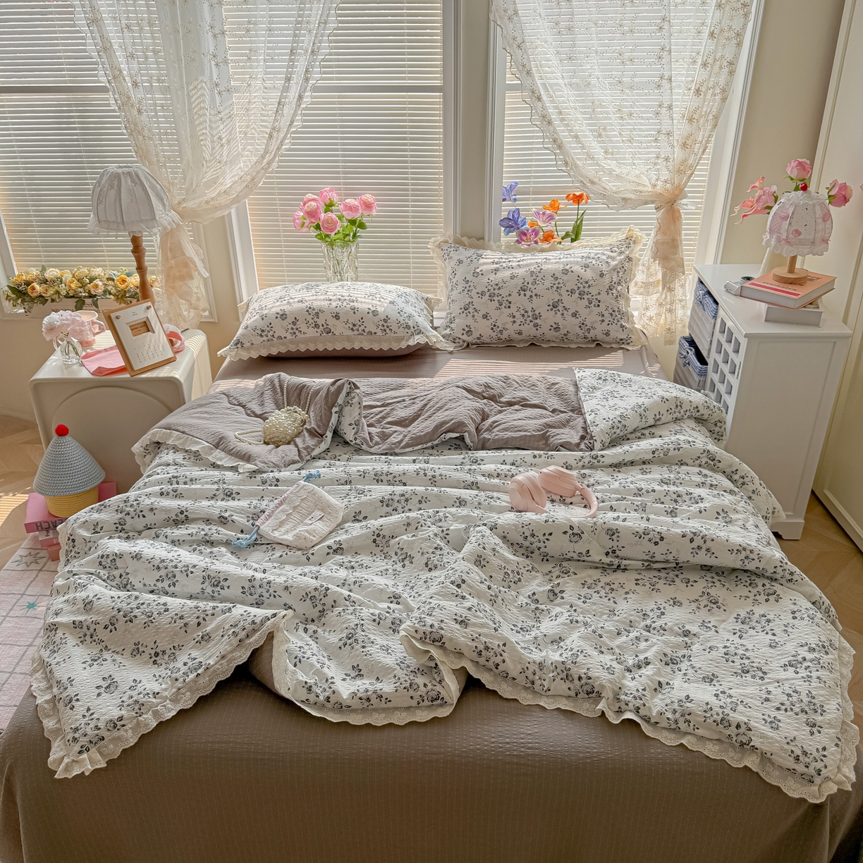 玉海棠家纺 2026新款泡芙纱全棉纯棉蕾丝花边夏被-花笺系列（软乎乎的质感，治愈所有疲惫） 花笺-只闻花香