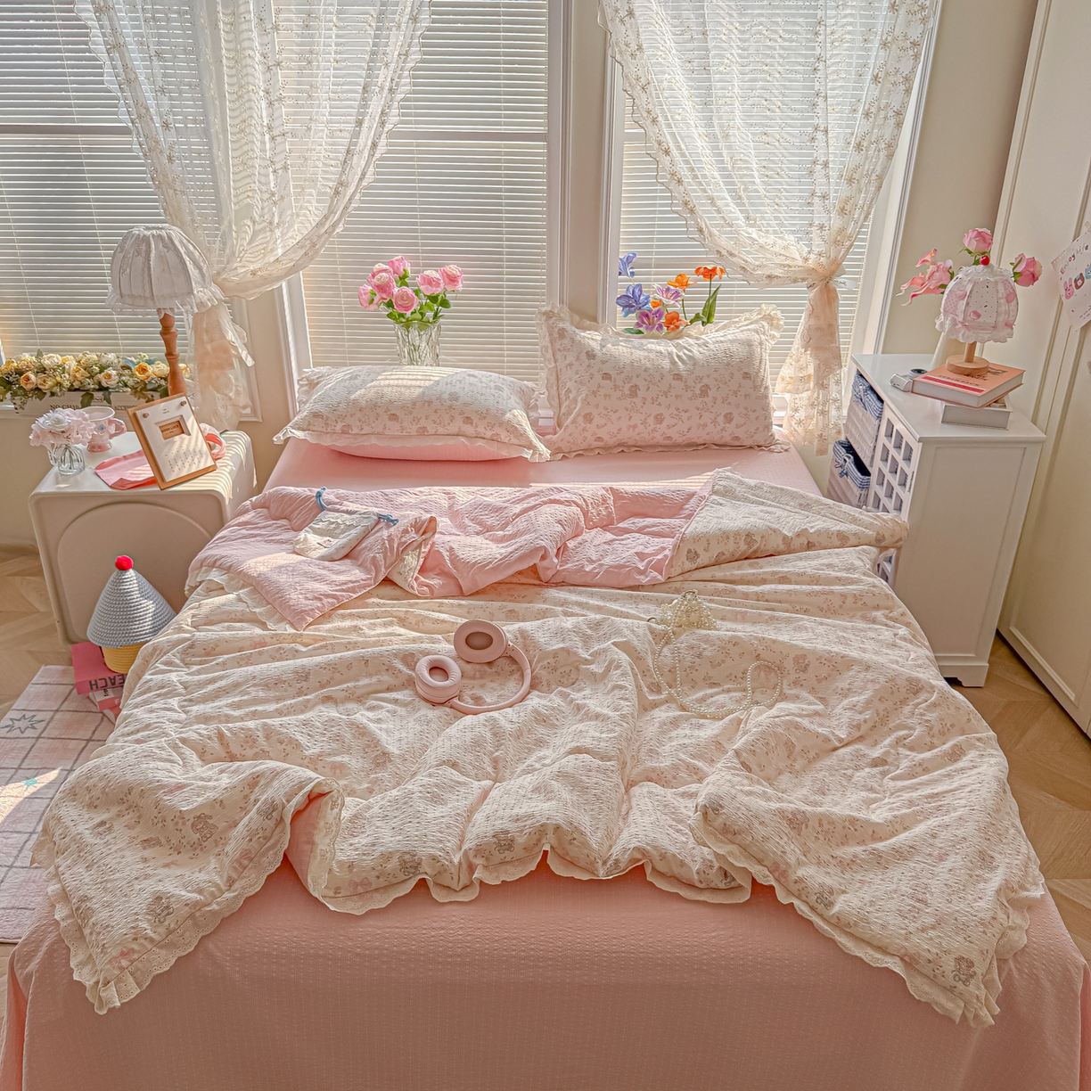 玉海棠家纺 2026新款泡芙纱全棉纯棉蕾丝花边夏被-花笺系列（软乎乎的质感，治愈所有疲惫） 花笺-庄园小兔