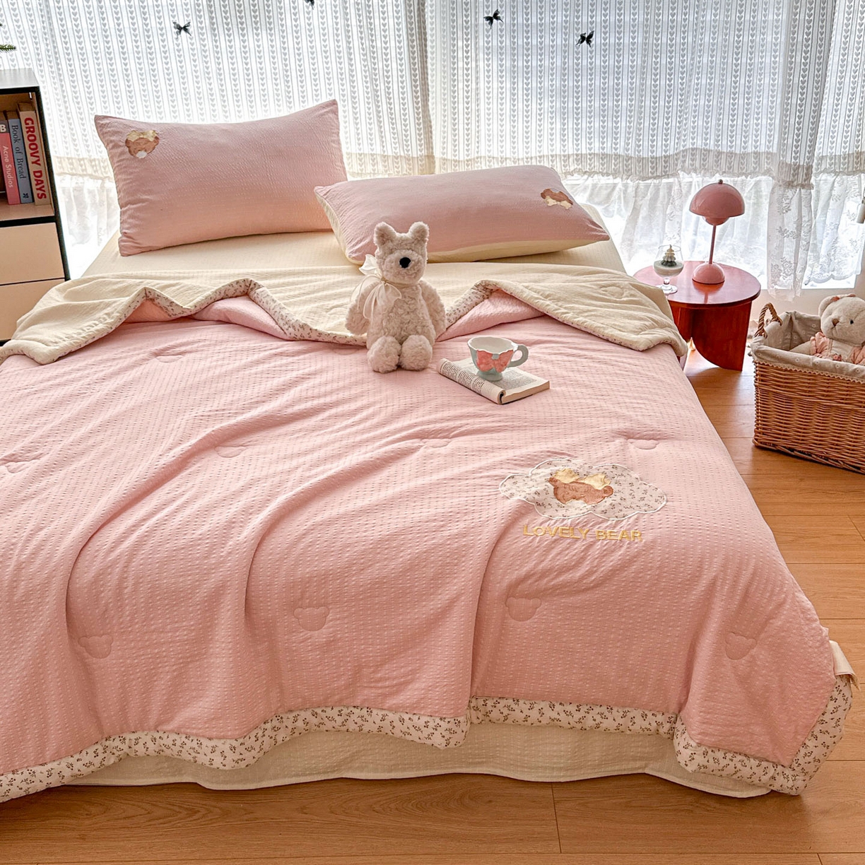 91家纺网 家纺一手货源 找家纺 玉海棠家纺 2026新款泡芙纱夏被夏凉被空调被贴布绣四件套-安妮公主系列 安妮公主-雅致粉