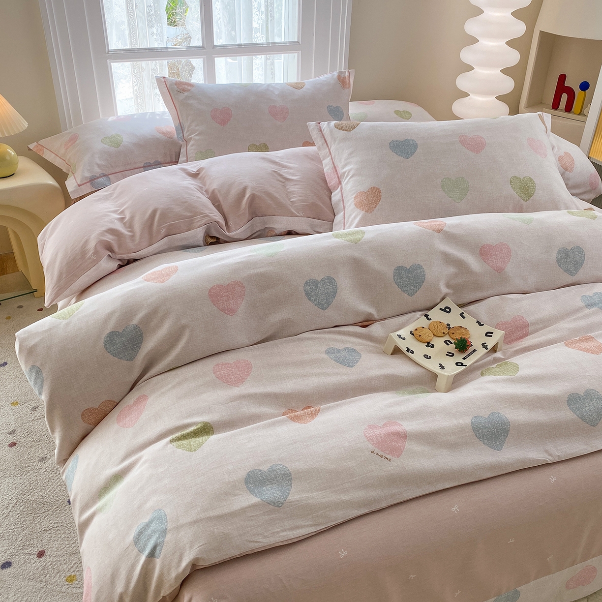 91家纺网 家纺一手货源 找家纺 钰锦铂2026新款直播爆款全棉四件套13070吊边床单一字绣印花纯棉三件套四件套 初心-粉