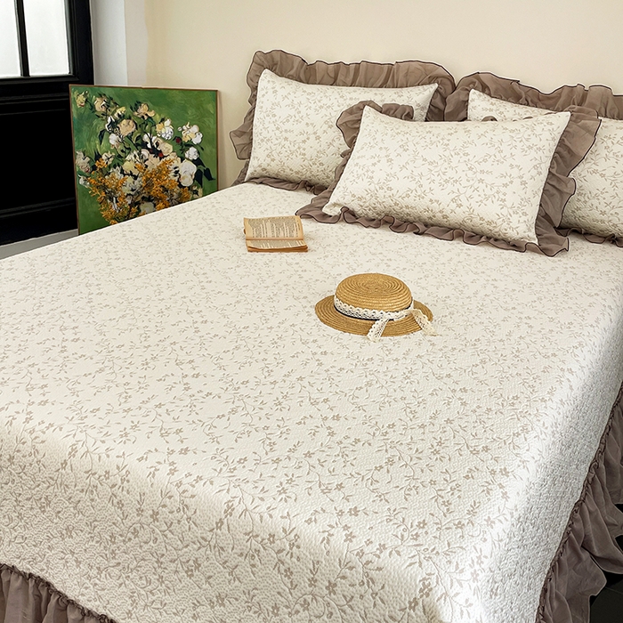 91家纺网 家纺一手货源 找家纺 红夫人 2026春夏新款韩式荷叶边高克重双色提花全凉感凉席三件套【单层不复合】 韩式星落