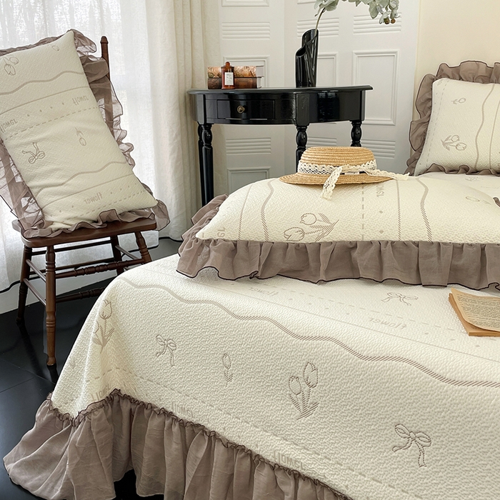 91家纺网 家纺一手货源 找家纺 红夫人 2026春夏新款韩式荷叶边高克重双色提花全凉感凉席三件套【单层不复合】 韩式郁香