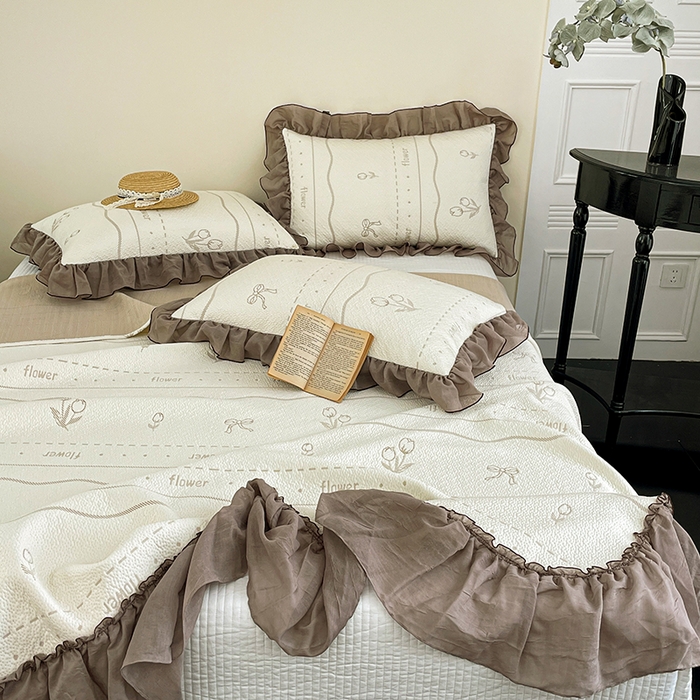 91家纺网 家纺一手货源 找家纺 红夫人 2026春夏新款韩式荷叶边高克重双色提花全凉感凉席三件套【单层不复合】 韩式郁香