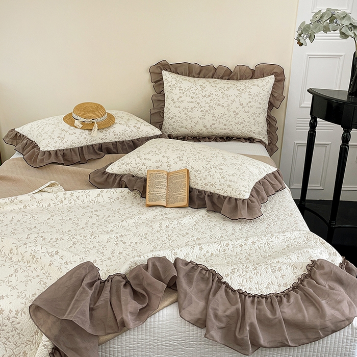 91家纺网 家纺一手货源 找家纺 红夫人 2026春夏新款韩式荷叶边高克重双色提花全凉感凉席三件套【单层不复合】 韩式星落