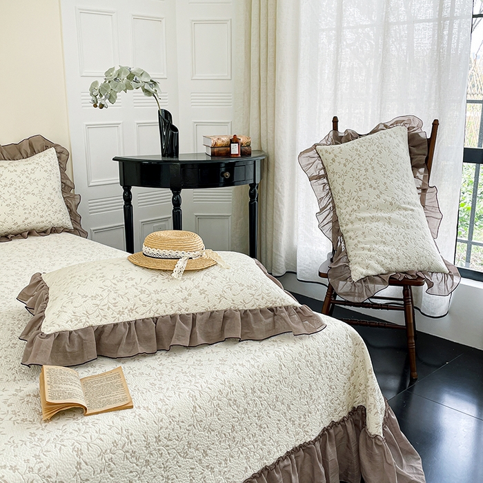 91家纺网 家纺一手货源 找家纺 红夫人 2026春夏新款韩式荷叶边高克重双色提花全凉感凉席三件套【单层不复合】 韩式星落