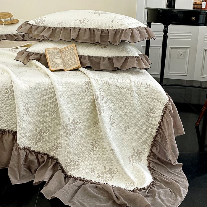 91家纺网 家纺一手货源 找家纺 红夫人 2026春夏新款韩式荷叶边高克重双色提花全凉感凉席三件套【单层不复合】 韩式韩恋