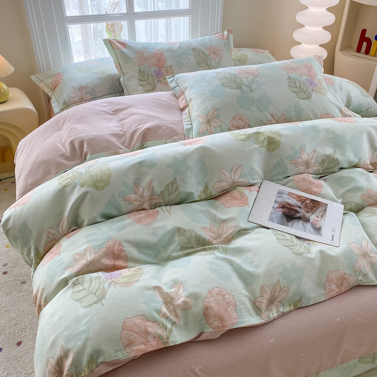 91家纺网 家纺一手货源 找家纺 钰锦铂2026新款直播爆款全棉四件套13070吊边床单一字绣印花纯棉三件套四件套 叶缦-蓝