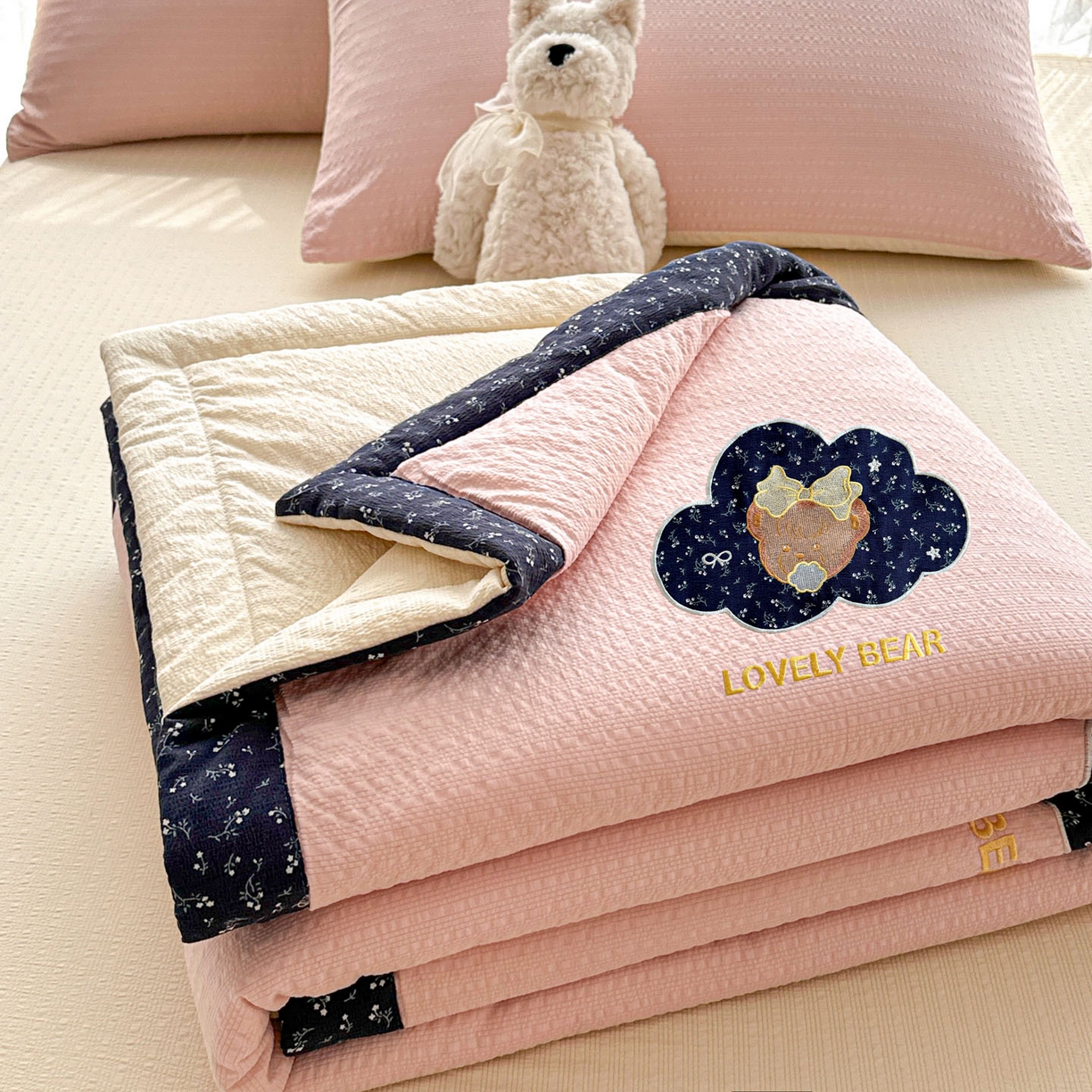 玉海棠家纺 2026新款泡芙纱夏被夏凉被空调被贴布绣四件套-安妮公主系列 安妮公主-蓝粉