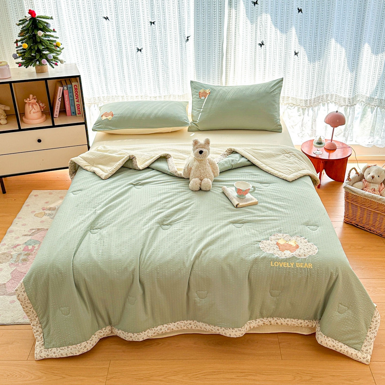 91家纺网 家纺一手货源 找家纺 玉海棠家纺 2026新款泡芙纱夏被夏凉被空调被贴布绣四件套-安妮公主系列 安妮公主-青草绿