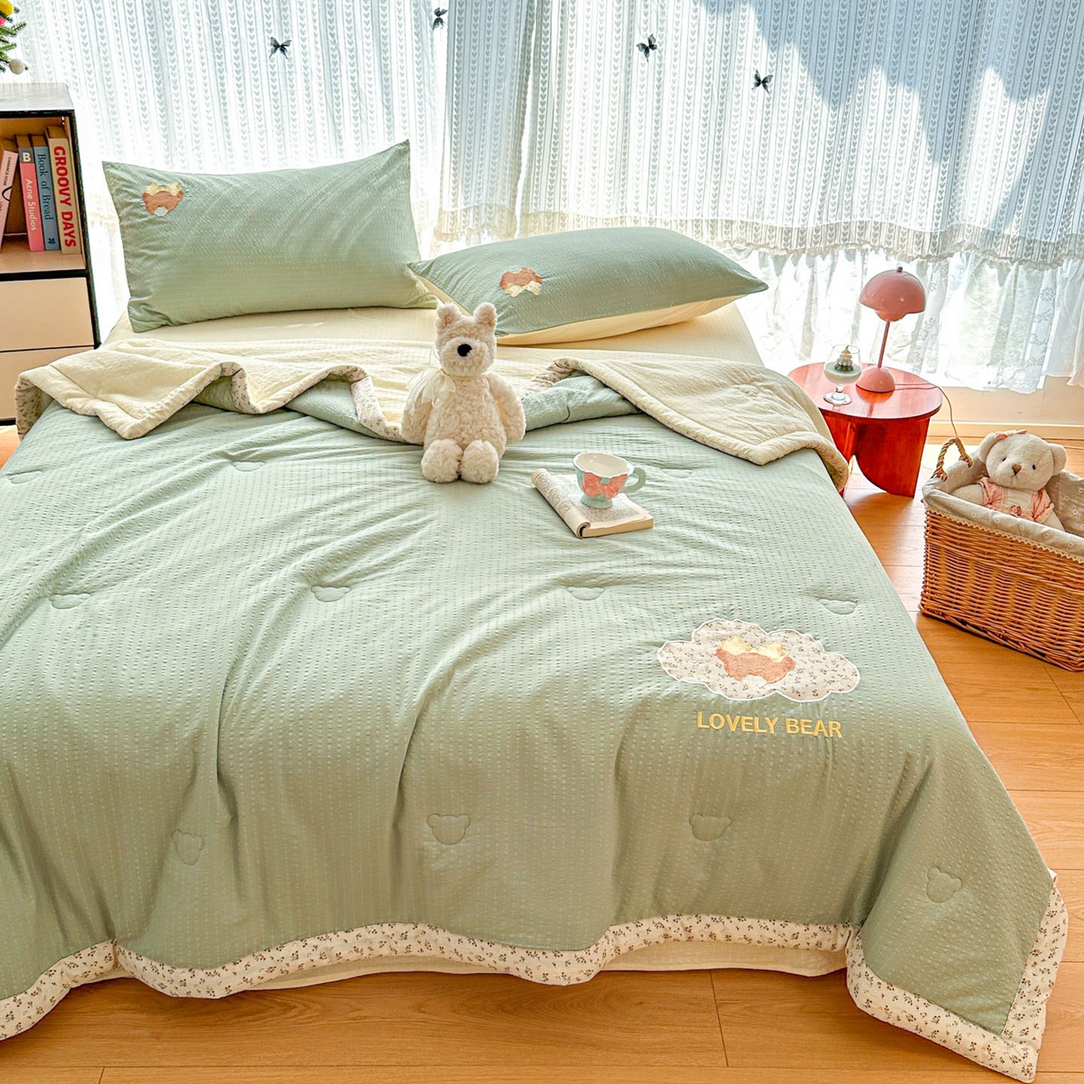 91家纺网 家纺一手货源 找家纺 玉海棠家纺 2026新款泡芙纱夏被夏凉被空调被贴布绣四件套-安妮公主系列 安妮公主-青草绿