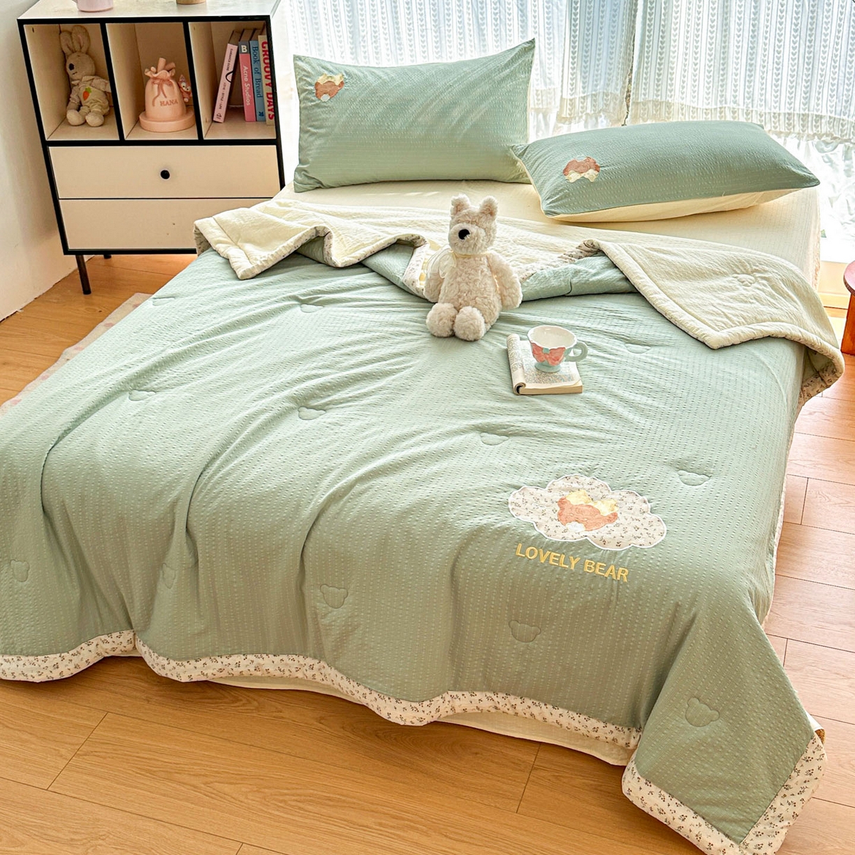 91家纺网 家纺一手货源 找家纺 玉海棠家纺 2026新款泡芙纱夏被夏凉被空调被贴布绣四件套-安妮公主系列 安妮公主-青草绿