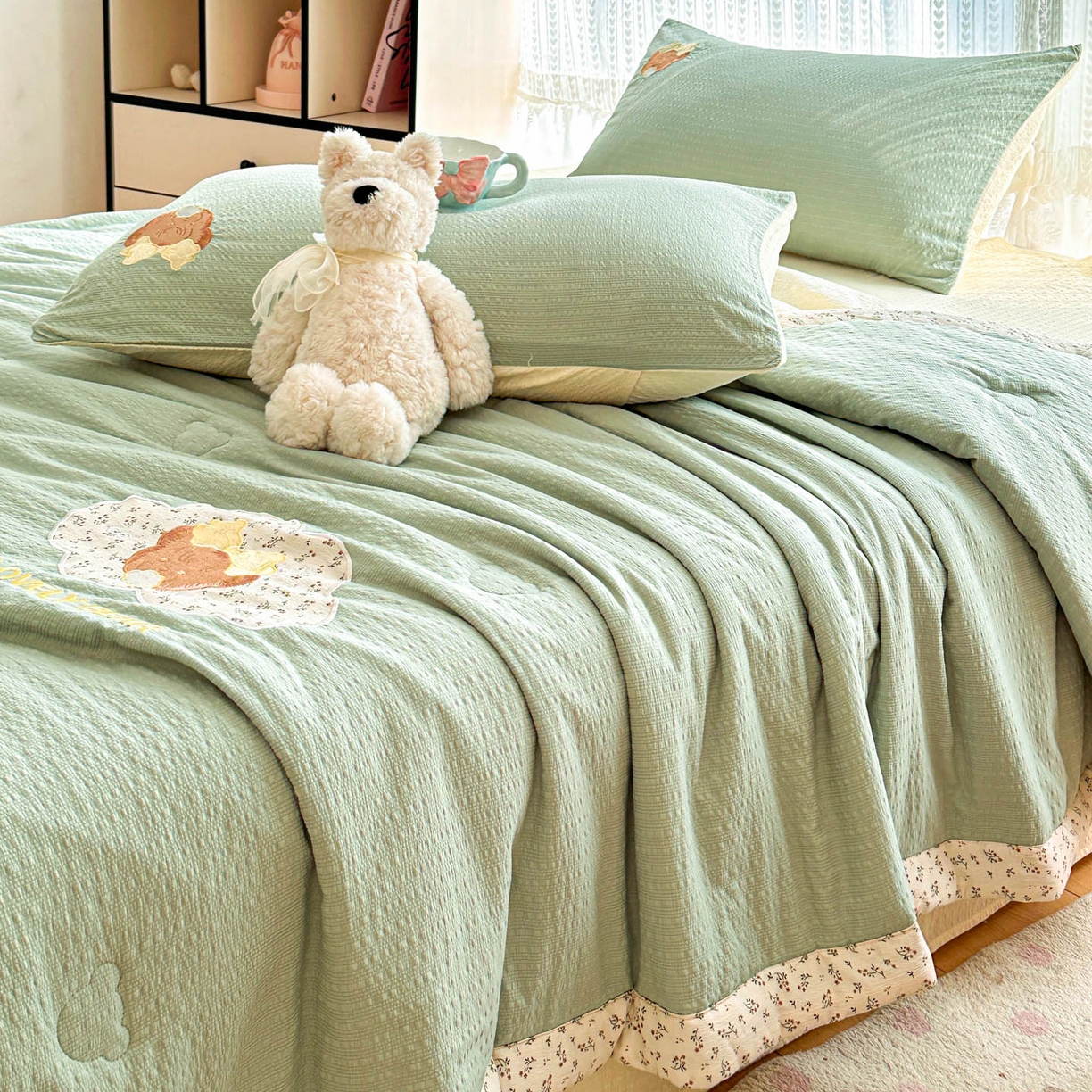 91家纺网 家纺一手货源 找家纺 玉海棠家纺 2026新款泡芙纱夏被夏凉被空调被贴布绣四件套-安妮公主系列 安妮公主-青草绿
