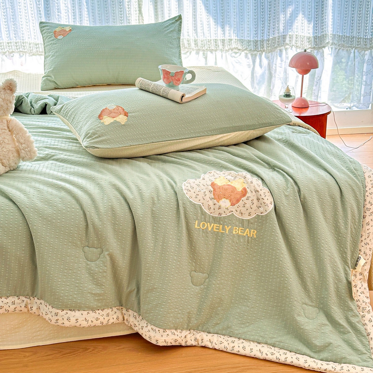 91家纺网 家纺一手货源 找家纺 玉海棠家纺 2026新款泡芙纱夏被夏凉被空调被贴布绣四件套-安妮公主系列 安妮公主-青草绿