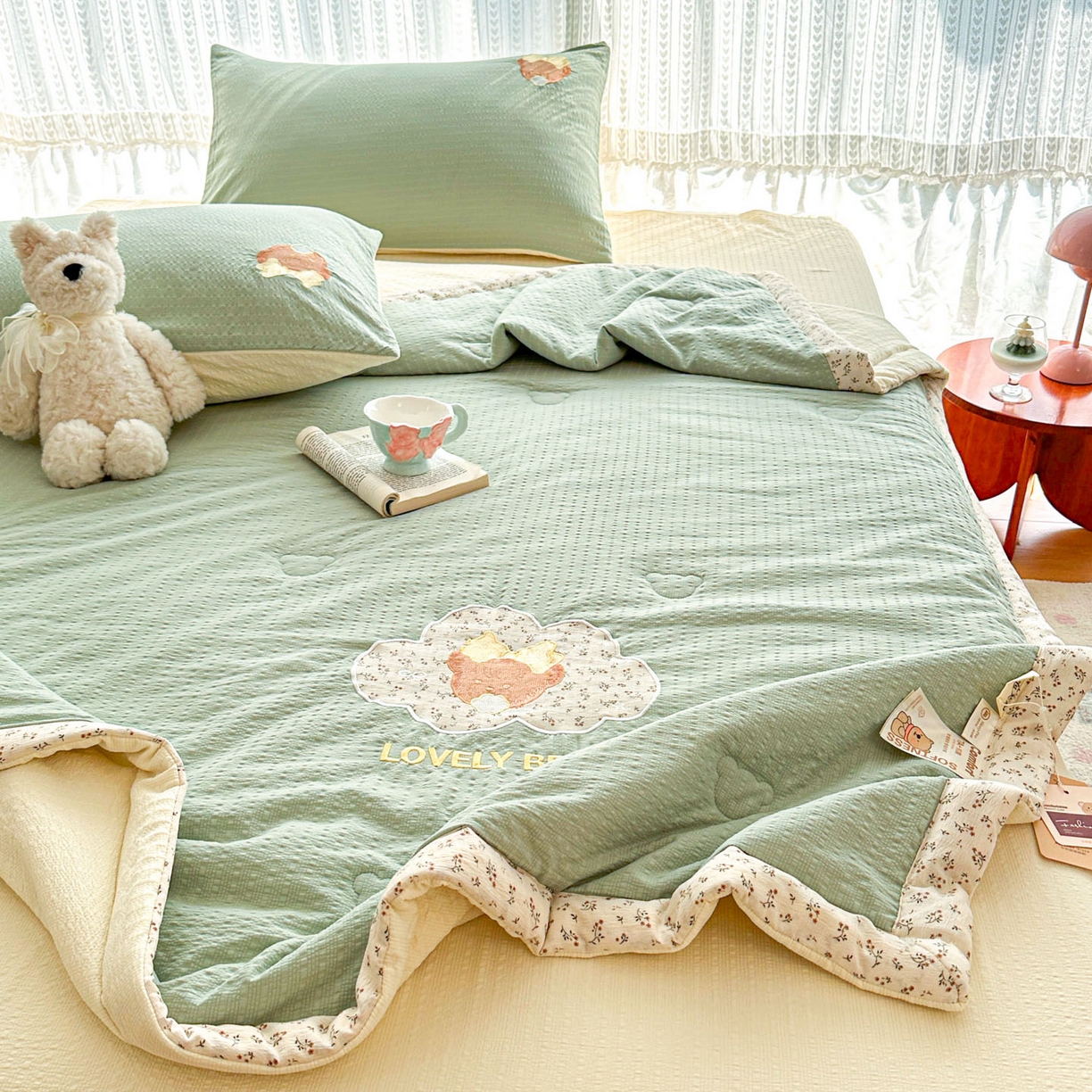 91家纺网 家纺一手货源 找家纺 玉海棠家纺 2026新款泡芙纱夏被夏凉被空调被贴布绣四件套-安妮公主系列 安妮公主-青草绿