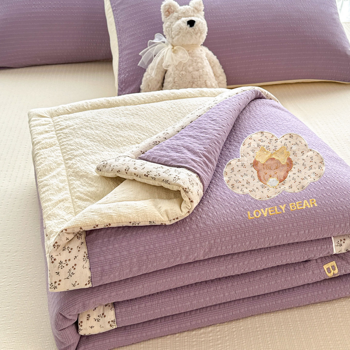 玉海棠家纺 2026新款泡芙纱夏被夏凉被空调被贴布绣四件套-安妮公主系列 安妮公主-优雅紫