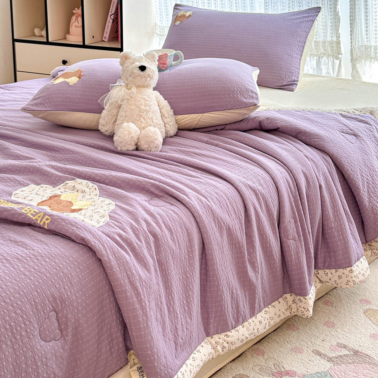 91家纺网 家纺一手货源 找家纺 玉海棠家纺 2026新款泡芙纱夏被夏凉被空调被贴布绣四件套-安妮公主系列 安妮公主-优雅紫