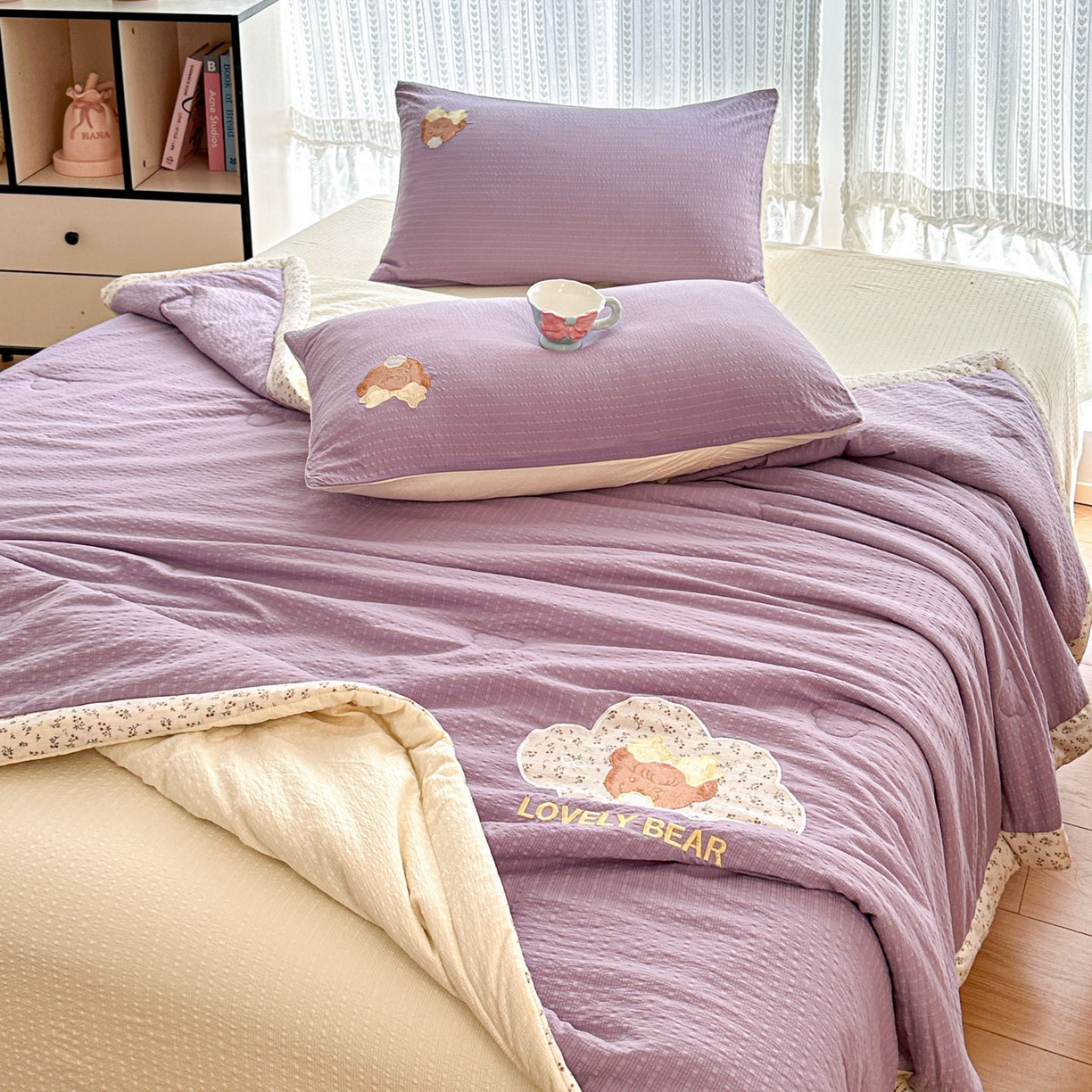 91家纺网 家纺一手货源 找家纺 玉海棠家纺 2026新款泡芙纱夏被夏凉被空调被贴布绣四件套-安妮公主系列 安妮公主-优雅紫