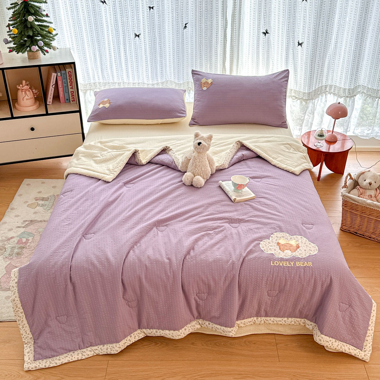 91家纺网 家纺一手货源 找家纺 玉海棠家纺 2026新款泡芙纱夏被夏凉被空调被贴布绣四件套-安妮公主系列 安妮公主-优雅紫