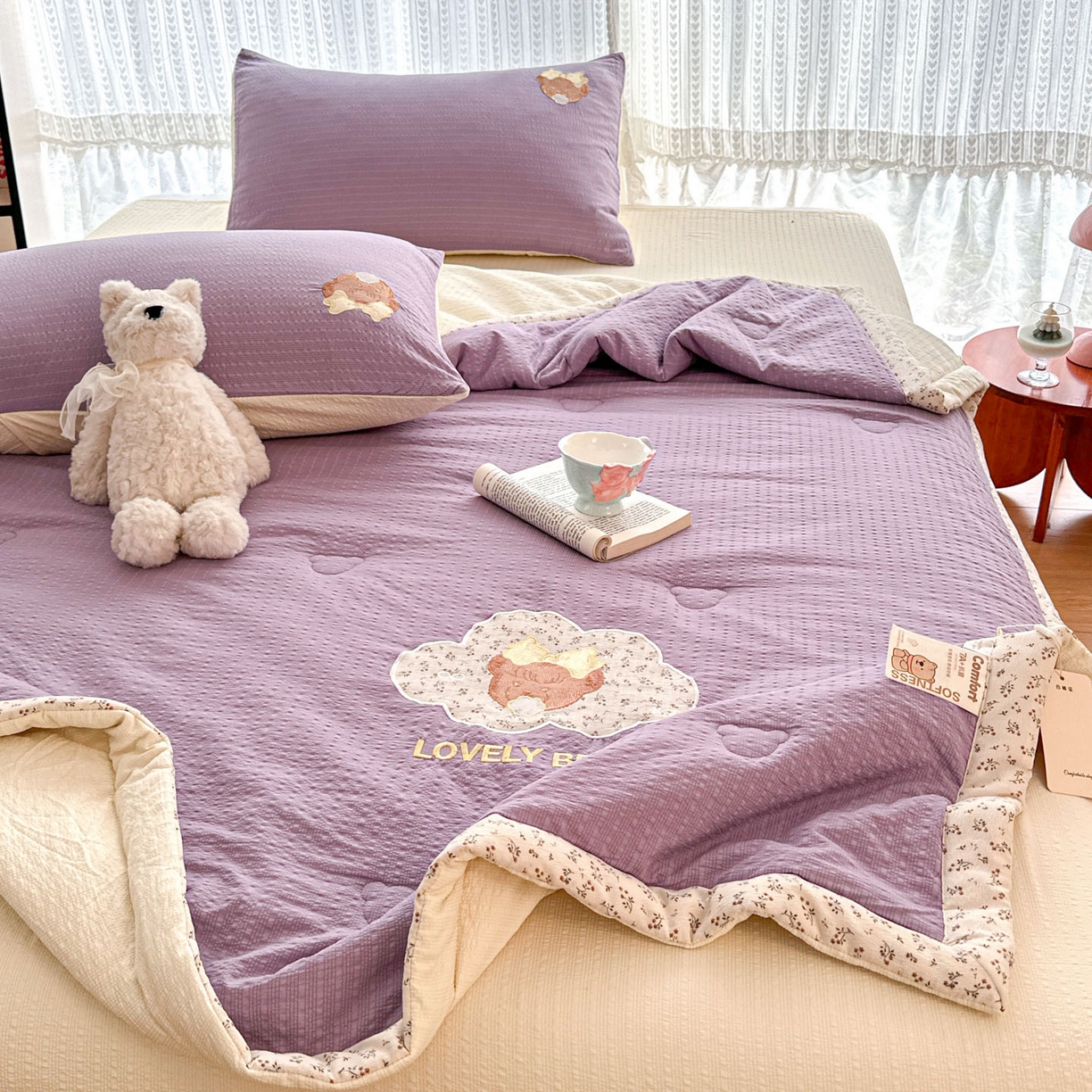 91家纺网 家纺一手货源 找家纺 玉海棠家纺 2026新款泡芙纱夏被夏凉被空调被贴布绣四件套-安妮公主系列 安妮公主-优雅紫