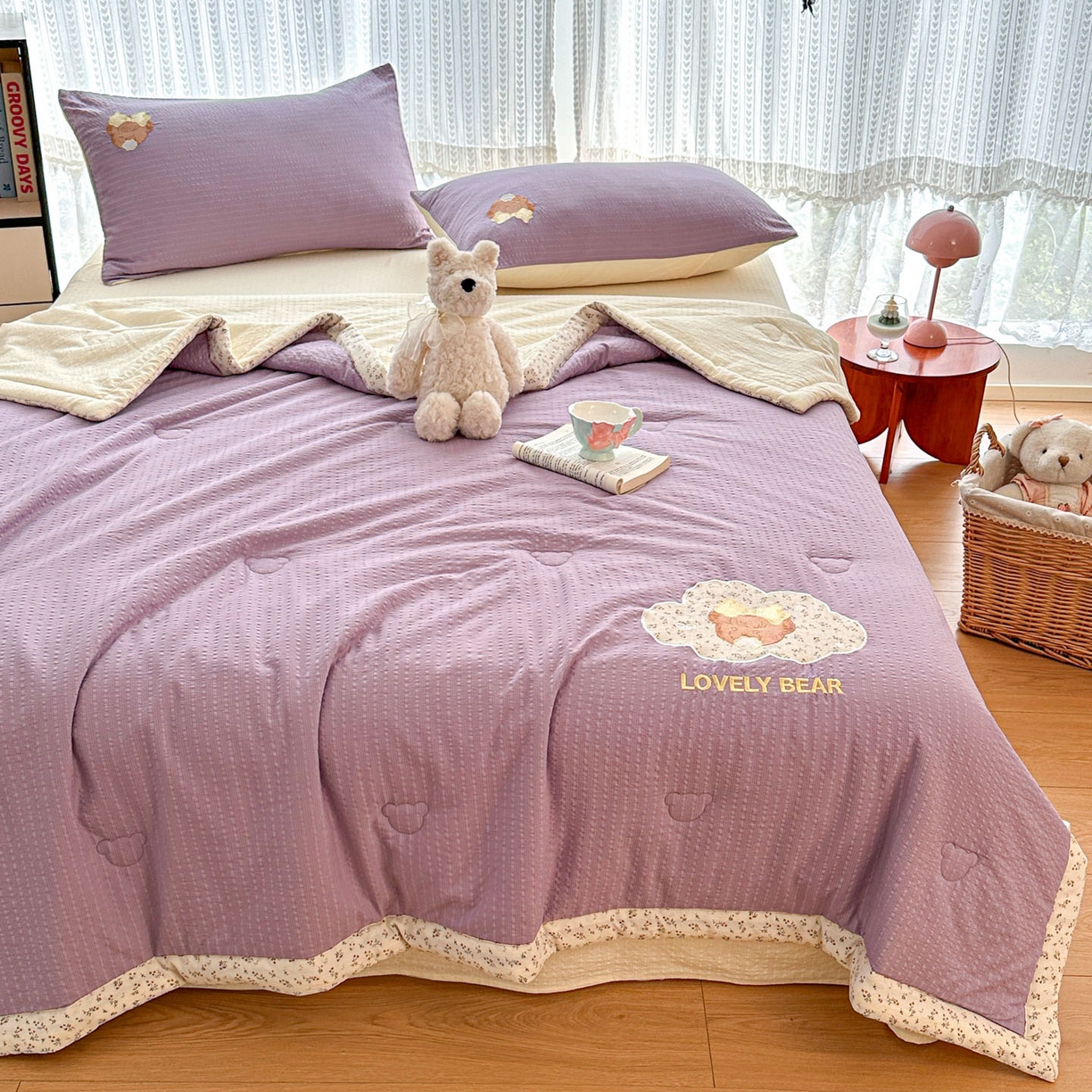 91家纺网 家纺一手货源 找家纺 玉海棠家纺 2026新款泡芙纱夏被夏凉被空调被贴布绣四件套-安妮公主系列 安妮公主-优雅紫