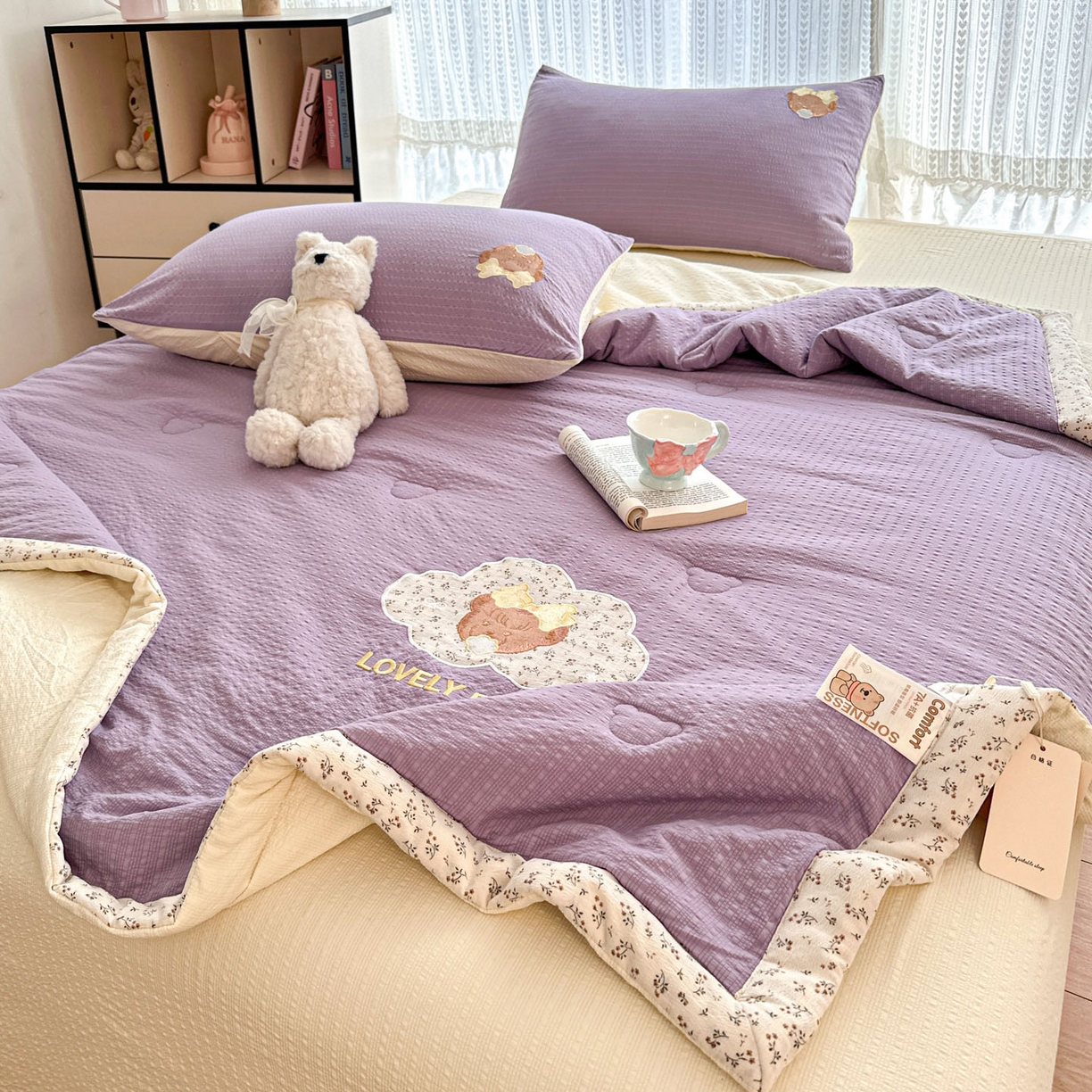 91家纺网 家纺一手货源 找家纺 玉海棠家纺 2026新款泡芙纱夏被夏凉被空调被贴布绣四件套-安妮公主系列 安妮公主-优雅紫