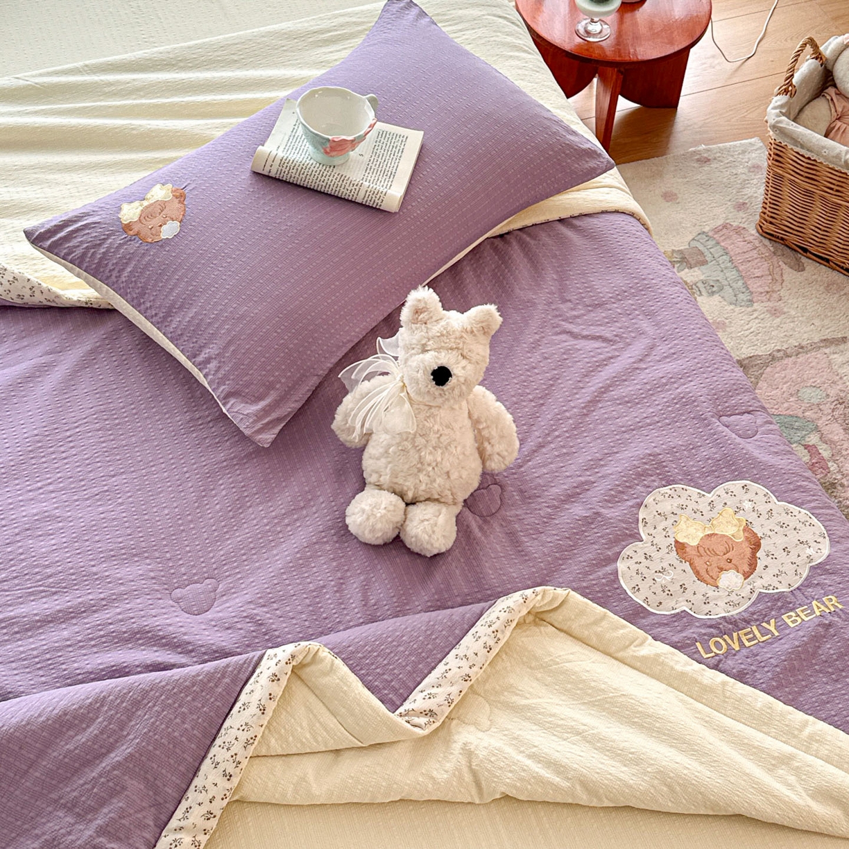 91家纺网 家纺一手货源 找家纺 玉海棠家纺 2026新款泡芙纱夏被夏凉被空调被贴布绣四件套-安妮公主系列 安妮公主-优雅紫