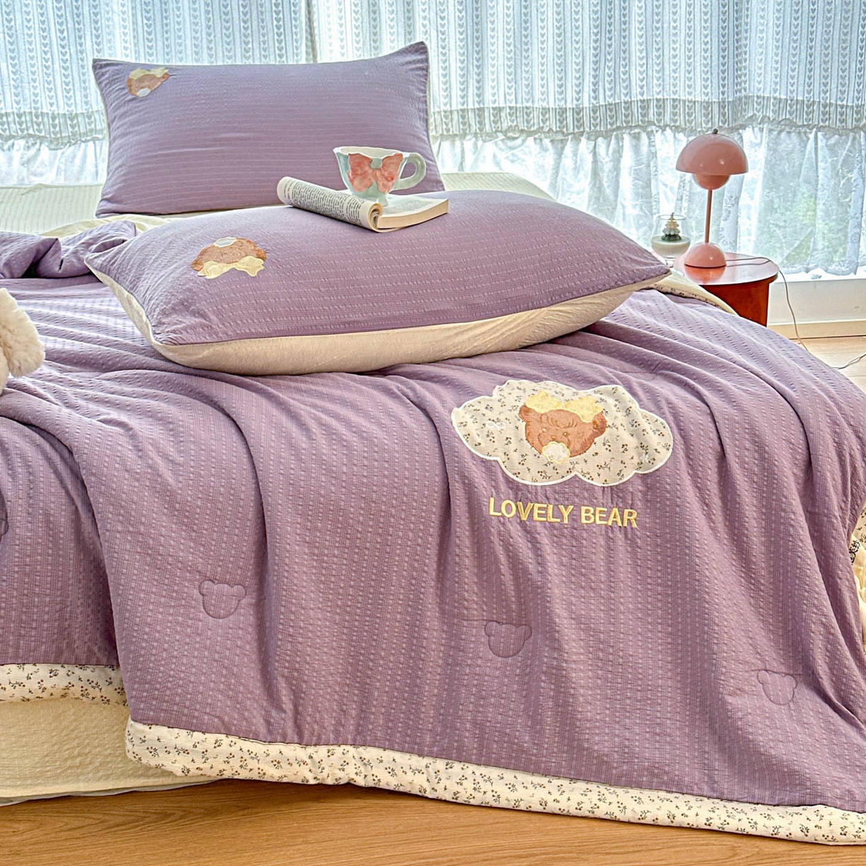 91家纺网 家纺一手货源 找家纺 玉海棠家纺 2026新款泡芙纱夏被夏凉被空调被贴布绣四件套-安妮公主系列 安妮公主-优雅紫