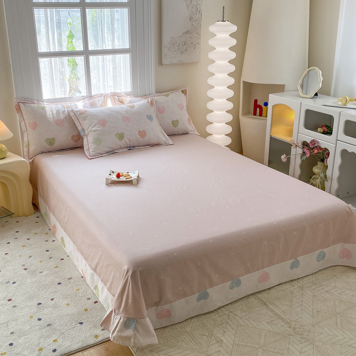 91家纺网 家纺一手货源 找家纺 钰锦铂2026新款直播爆款全棉四件套13070吊边床单一字绣印花纯棉三件套四件套 初心-粉