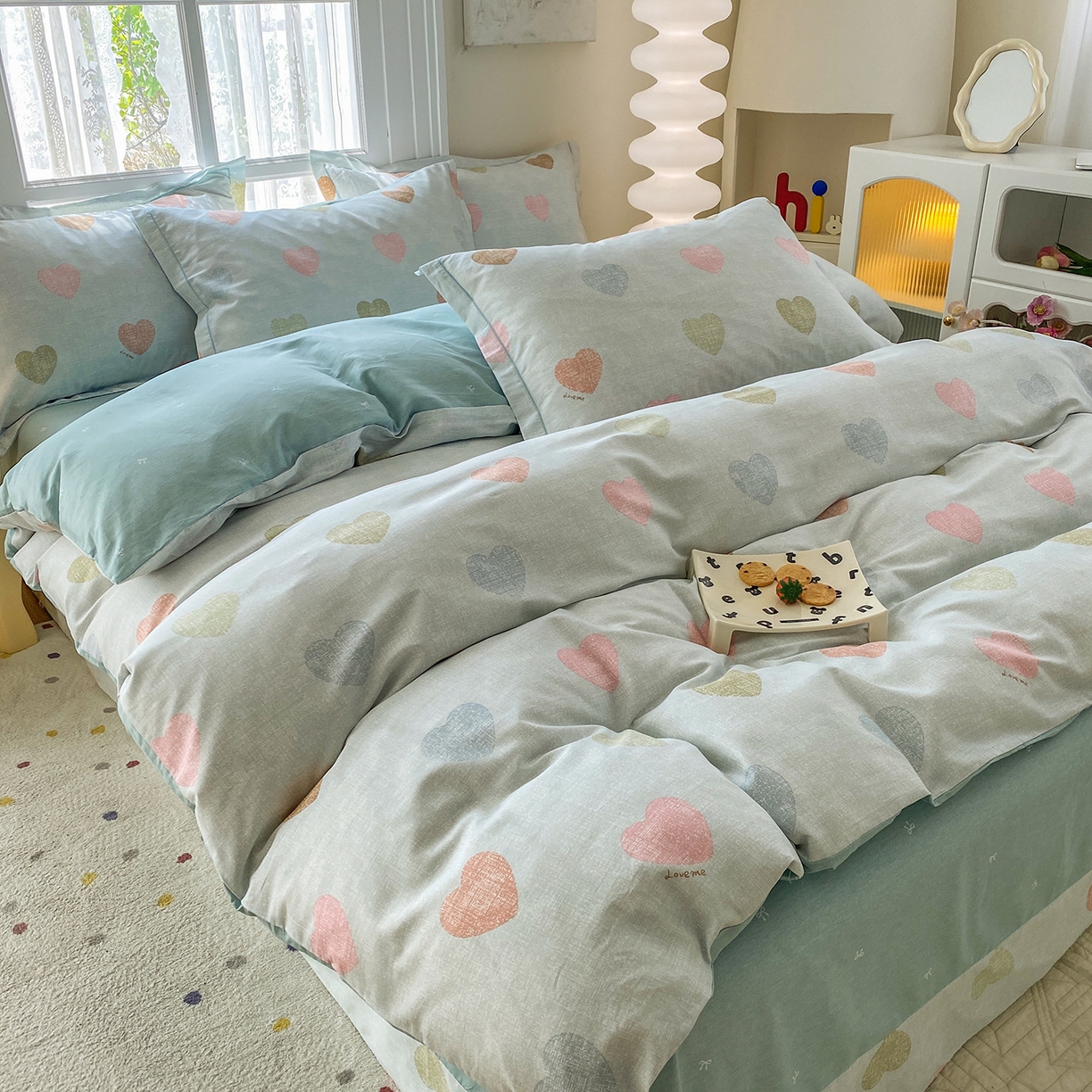 91家纺网 家纺一手货源 找家纺 钰锦铂2026新款直播爆款全棉四件套13070吊边床单一字绣印花纯棉三件套四件套 初心-绿