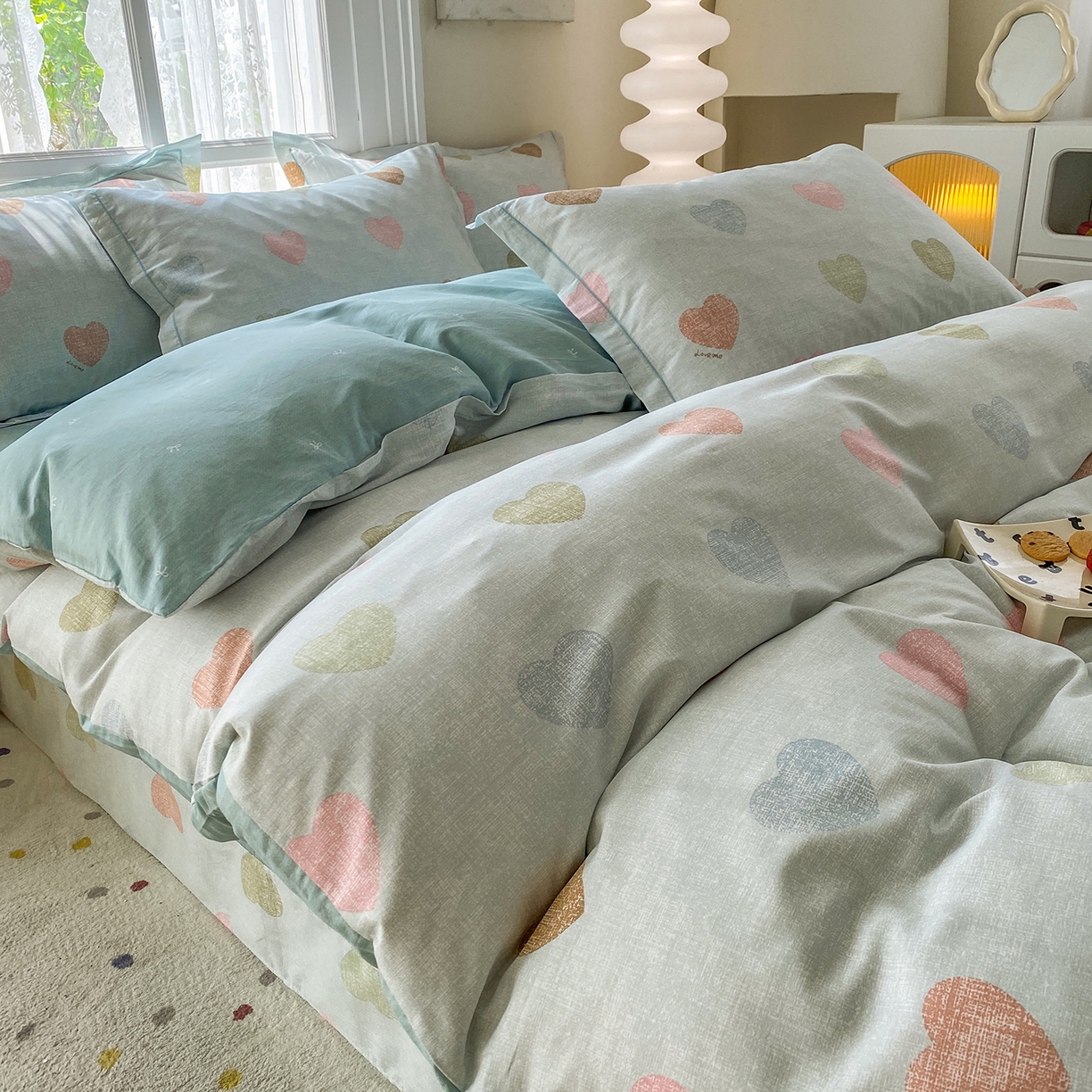 91家纺网 家纺一手货源 找家纺 钰锦铂2026新款直播爆款全棉四件套13070吊边床单一字绣印花纯棉三件套四件套 初心-绿