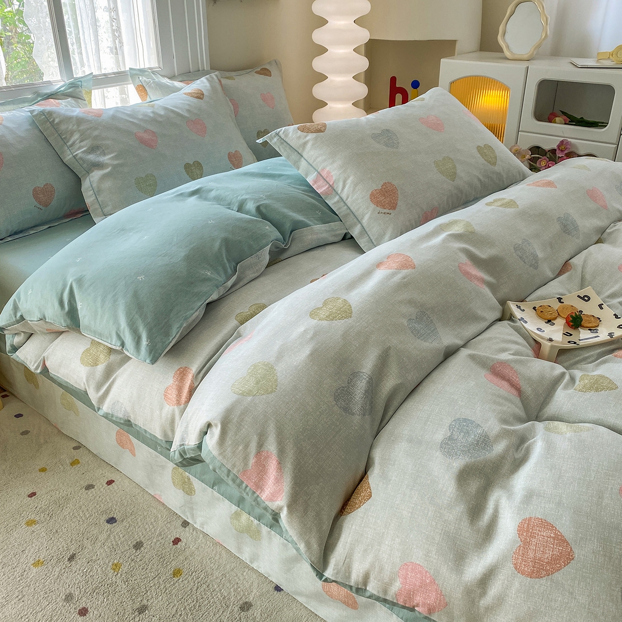 91家纺网 家纺一手货源 找家纺 钰锦铂2026新款直播爆款全棉四件套13070吊边床单一字绣印花纯棉三件套四件套 初心-绿