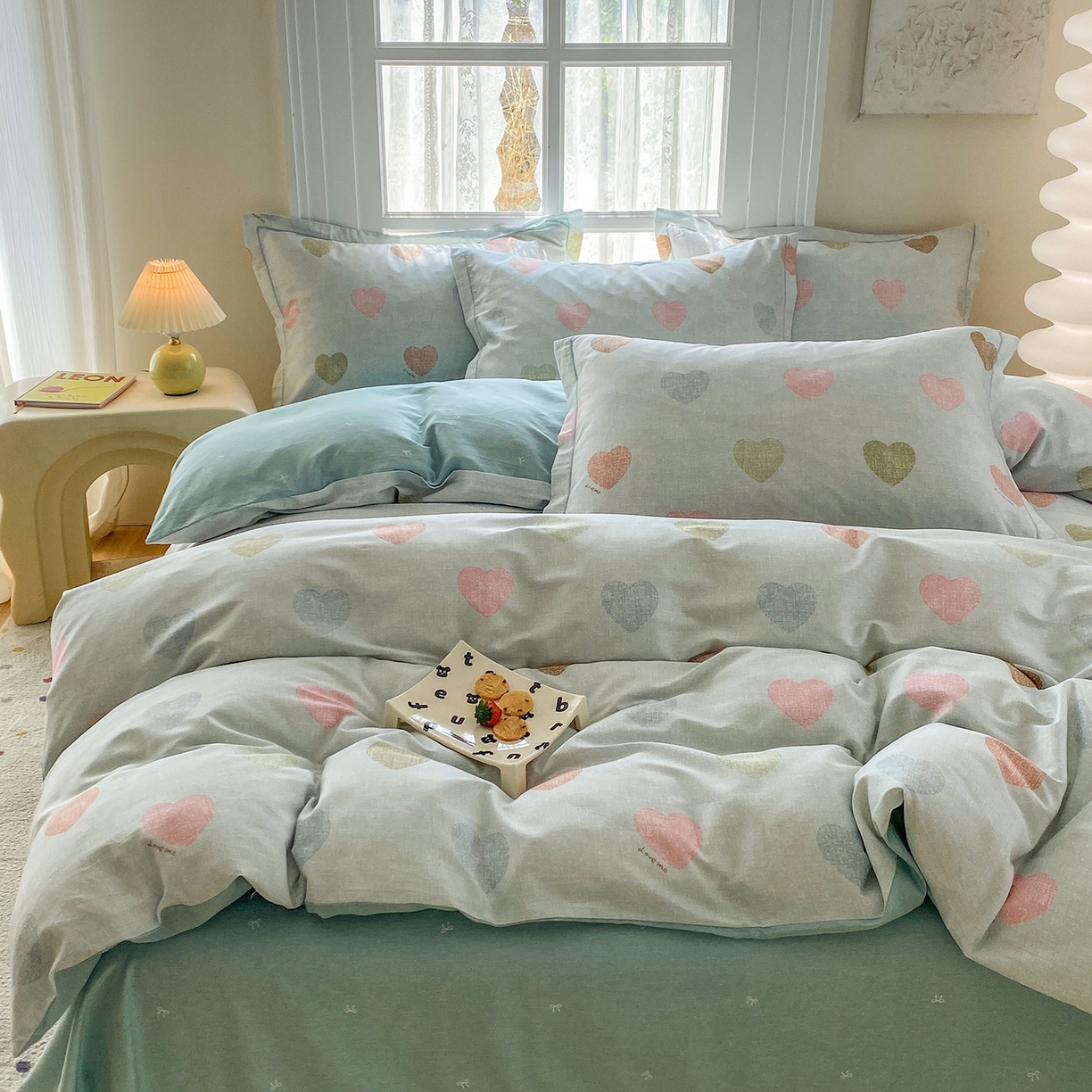 91家纺网 家纺一手货源 找家纺 钰锦铂2026新款直播爆款全棉四件套13070吊边床单一字绣印花纯棉三件套四件套 初心-绿