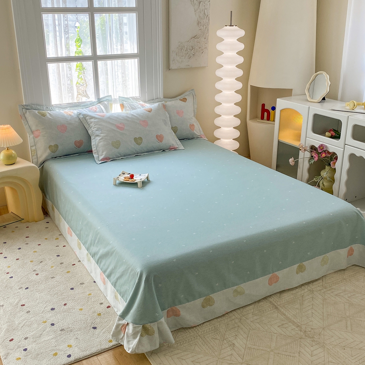 91家纺网 家纺一手货源 找家纺 钰锦铂2026新款直播爆款全棉四件套13070吊边床单一字绣印花纯棉三件套四件套 初心-绿