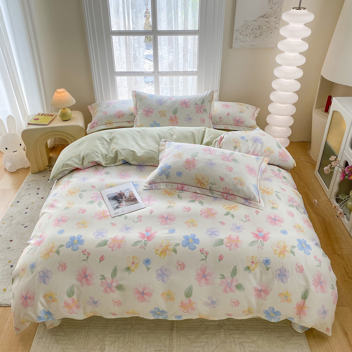 91家纺网 家纺一手货源 找家纺 钰锦铂2026新款直播爆款全棉四件套13070吊边床单一字绣印花纯棉三件套四件套 朵唯-米