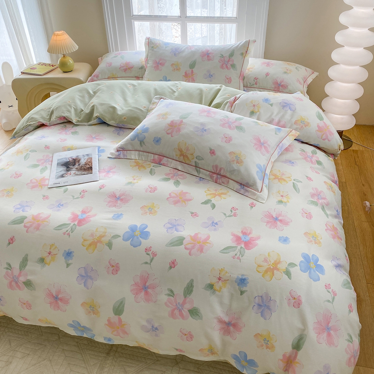 91家纺网 家纺一手货源 找家纺 钰锦铂2026新款直播爆款全棉四件套13070吊边床单一字绣印花纯棉三件套四件套 朵唯-米