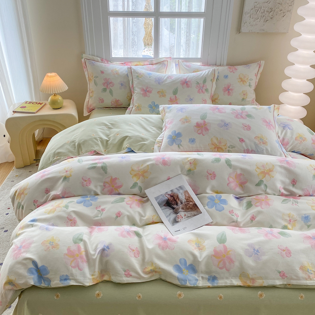 91家纺网 家纺一手货源 找家纺 钰锦铂2026新款直播爆款全棉四件套13070吊边床单一字绣印花纯棉三件套四件套 朵唯-米