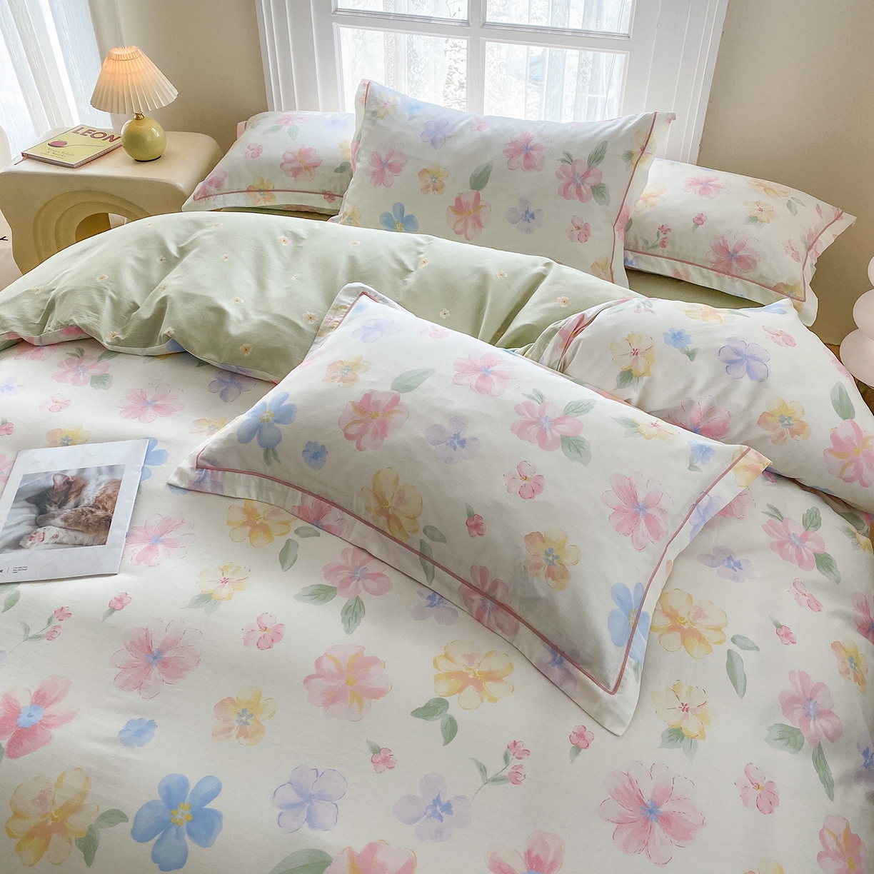 91家纺网 家纺一手货源 找家纺 钰锦铂2026新款直播爆款全棉四件套13070吊边床单一字绣印花纯棉三件套四件套 朵唯-米