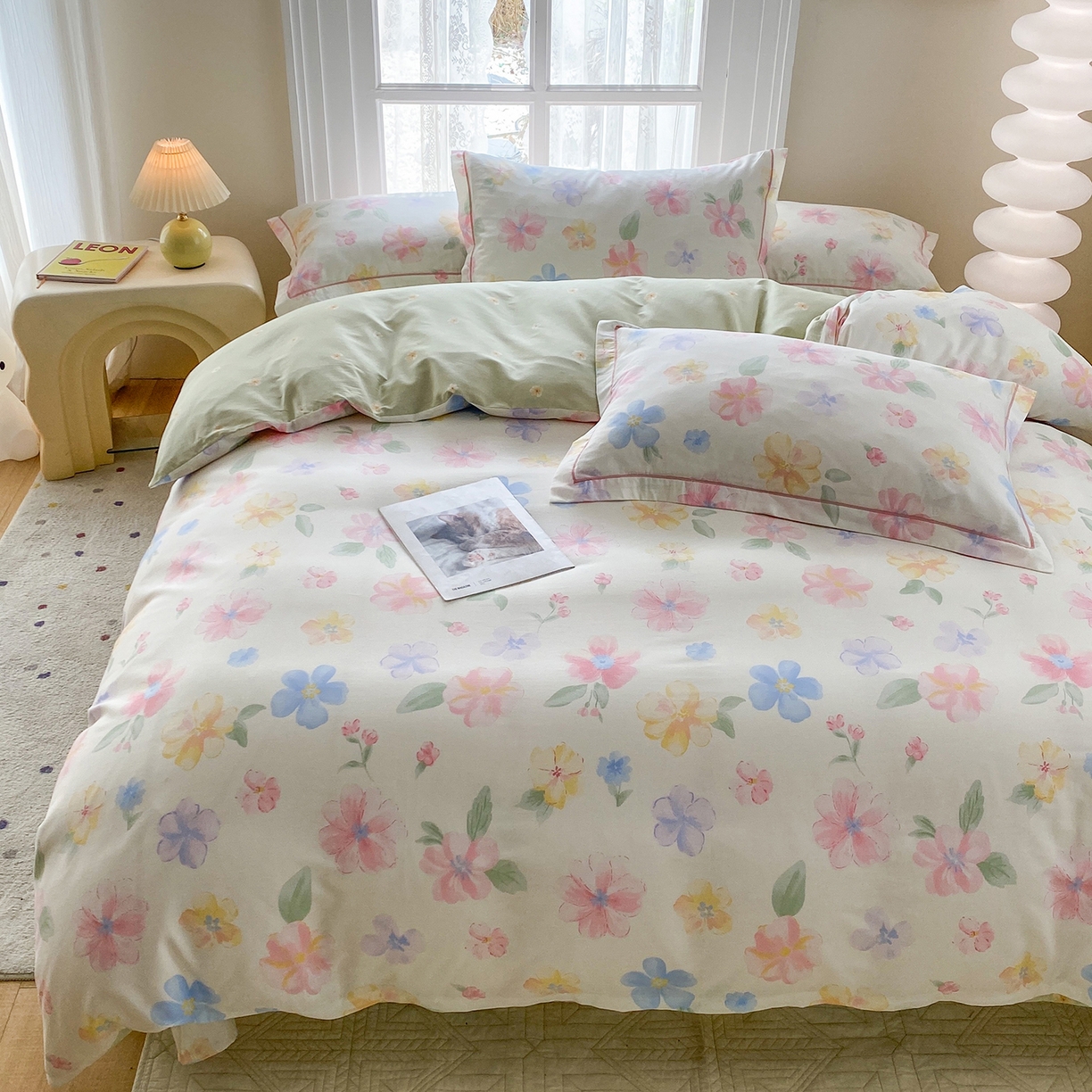 91家纺网 家纺一手货源 找家纺 钰锦铂2026新款直播爆款全棉四件套13070吊边床单一字绣印花纯棉三件套四件套 朵唯-米